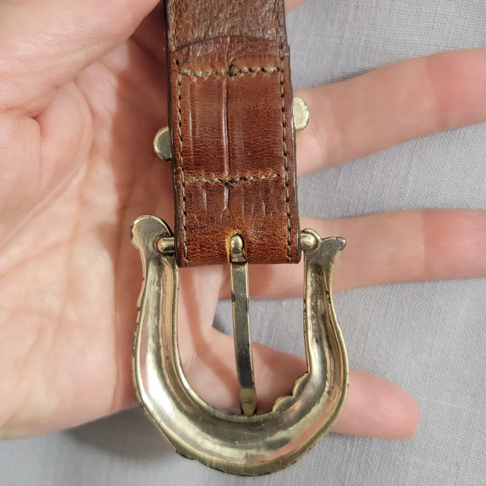 Brown‎ Mock Croc Leather Western Belt Silver Ornate 3pc Buckle Set USA M